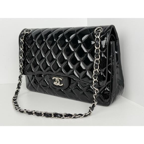 Chanel Patent Quilted Jumbo Single Flap Bag Black with Silver Hardware B-2 - Picture 1 of 16
